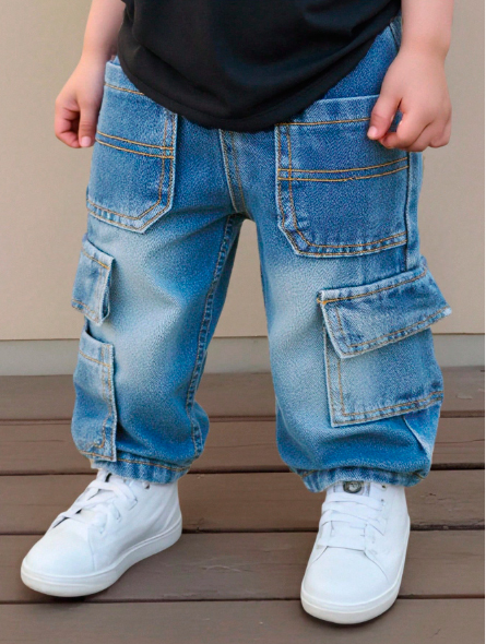 Talla: 12-18M. Pantalón cargo de mezclilla azul desgastada.