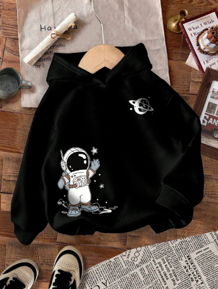 Talla: 4Y. Sueter con capucha de manga larga y patrón de dibujos animados.