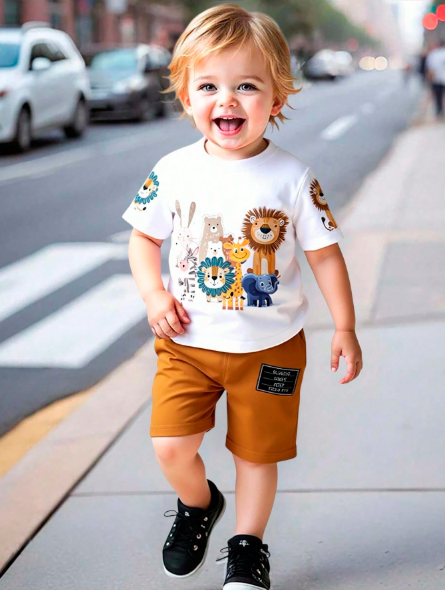 Talla: 9-12M. Conjunto de camiseta de manga corta y pantalones cortos.