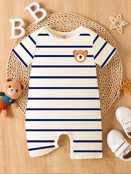 Talla: 9-12M. Mameluco lindo para bebé niño con estampado de oso a rayas y manga corta.