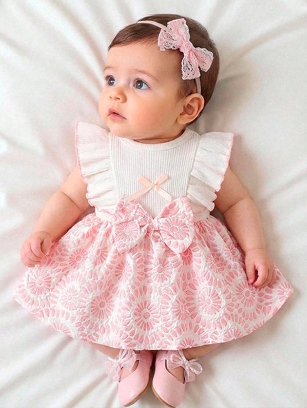 Talla: 3-6M. Vestido de recien nacida sin mangas con cuello de  encaje y lazo,